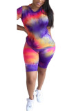 Fluorescent green Spandex Fashion Casual adult Ma'am O Neck Geometric Tie Dye Two Piece Suits Stitching Plus Size 
