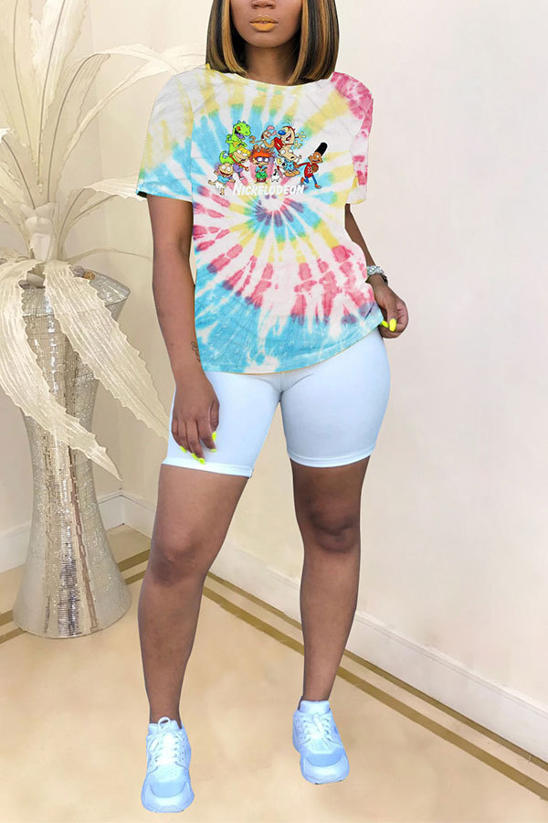 Blue White Blue Yellow purple colour O Neck Short Sleeve Patchwork Print Character Tops