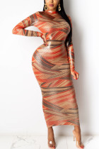 Multicolor Sexy Print Patchwork Mandarin Collar Wrapped Skirt Dresses