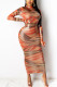 Multicolor Sexy Print Patchwork Mandarin Collar Wrapped Skirt Dresses