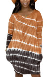 Brown Casual Print O Neck Long Sleeve Knee Length A Line Dresses