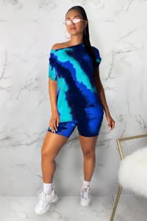 Blue Fashion Casual Two Piece Suits Tie Dye asymmetrical Loose Short Sleeve Two-Piece Short Se