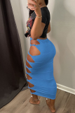 Black Sexy Solid Hollowed Out Skinny Mid Waist Pencil Solid Color Bottoms