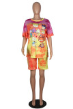Yellow Casual Print Patchwork O Neck Short Sleeve Two Pieces