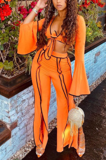 Orange Fashion Casual Adult Milk Fiber Patchwork Solid Patchwork V Neck Long Sleeve Flare Sleeve Short Two Pieces