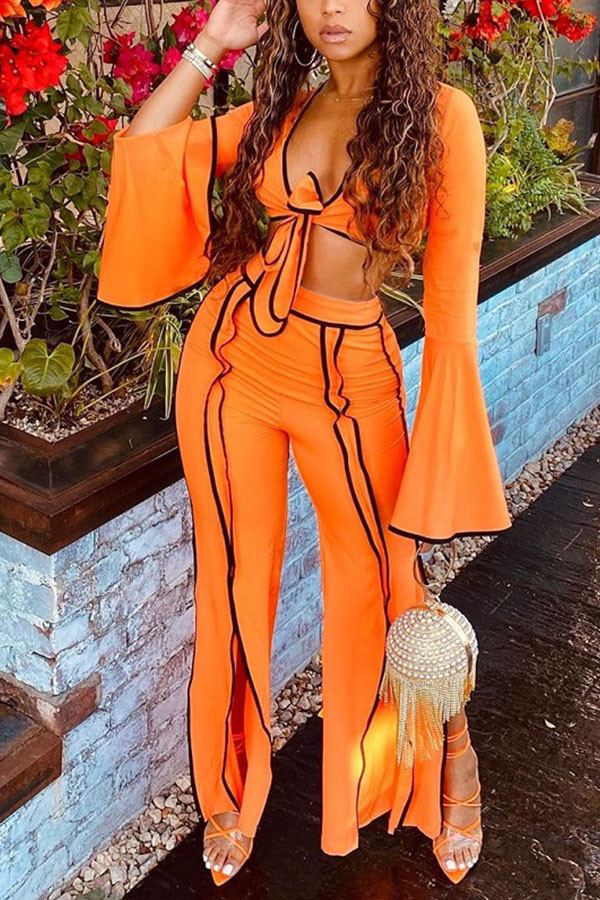Orange Fashion Casual Adult Milk Fiber Patchwork Solid Patchwork V Neck Long Sleeve Flare Sleeve Short Two Pieces