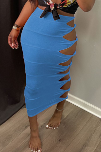 Baby Blue Sexy Solid Hollowed Out Skinny Mid Waist Pencil Solid Color Bottoms