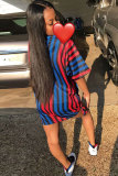 Stripe Fashion Sexy Cap Sleeve Short Sleeves O neck Step Skirt Mini Print Patchwork Club Dresses