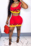 Red Sexy Print Patchwork Square Collar Sleeveless Two Pieces