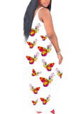 White Fashion Street White Brown Yellow Spaghetti Strap Sleeveless V Neck Pencil Dress Floor-Length Print Floral Animal Dresses