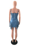 Light Blue Fashion Sexy Solid Tassel Backless Spaghetti Strap Denim Dress