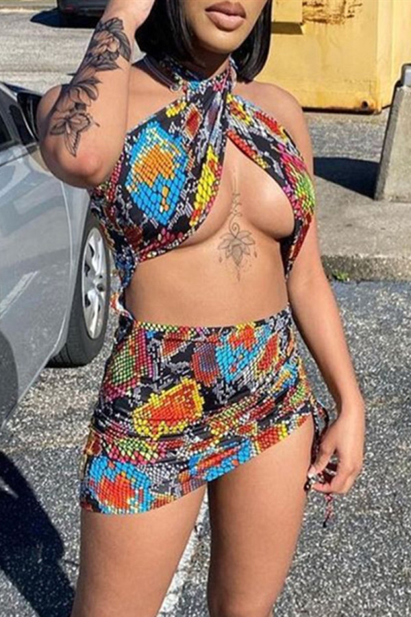 Multi-color Fashion Sexy Print Hollowed Out Backless Halter Sleeveless Dress