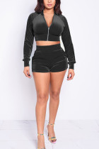 Black Active Casual Europe and America Patchwork Solid Zippered Straight Long Sleeve Two Pieces