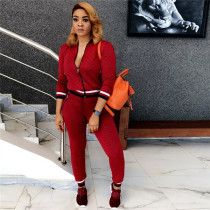 Red Elastic Fly Mid Patchwork pencil Pants Two-piece suit