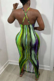 Red Fashion Sexy Print Backless Slit Spaghetti Strap Sleeveless Dress