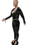 Black Fashion Casual Adult Faux Leather Solid Bandage Patchwork Turndown Collar Long Sleeve Regular Sleeve Short Two Pieces