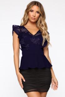 Royal blue V Neck Sleeveless Embroidery Solid Mesh Patchwork