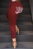 Wine Red Fashion Casual Street Sportswear Blends Letter Print Solid Pants Straight Bottoms