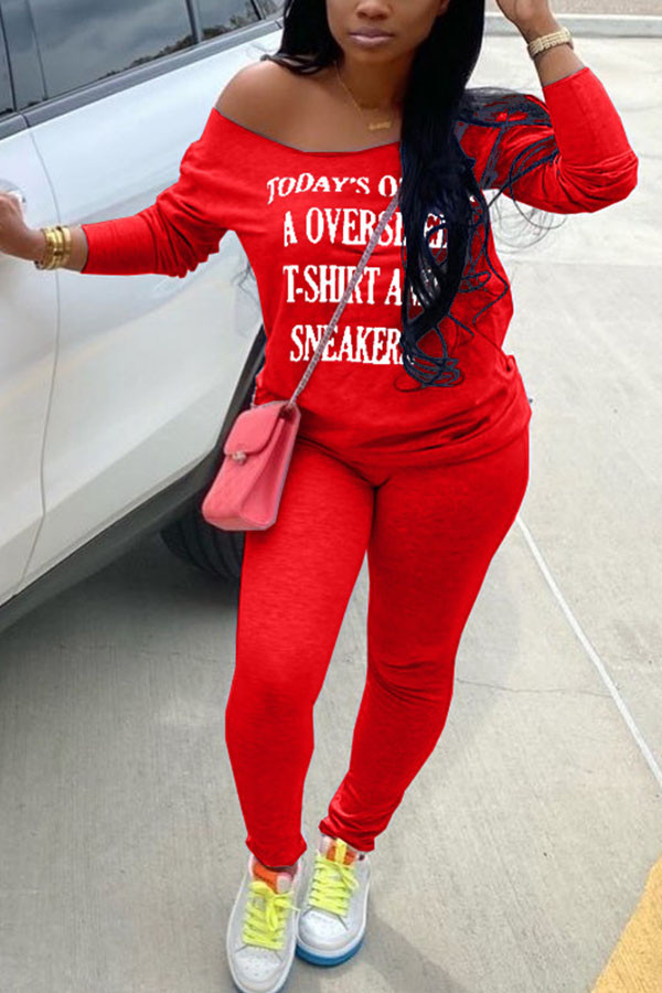 Red Fashion Sportswear Adult Milk Fiber Letter Letter One Shoulder Long Sleeve One Shoulder Regular Two Pieces