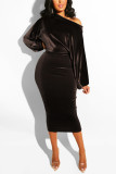 Deep Blue Fashion Casual Solid Basic Oblique Collar Long Sleeve Dress