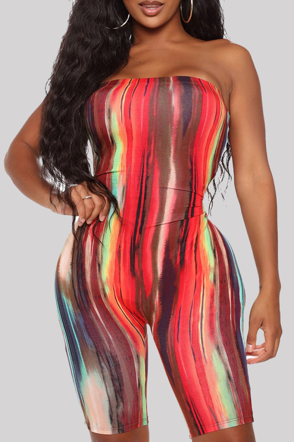 Red Fashion Sexy Print Backless Strapless Skinny Romper