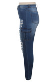 Blue Denim Button Fly Sleeveless High Hole Patchwork Pocket washing Solid pencil Pants 