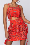 Rose Red Fashion Sexy Print Backless Spaghetti Strap Sleeveless Two Pieces