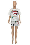 White Fashion Casual Print Basic O Neck Short Sleeve Two Pieces
