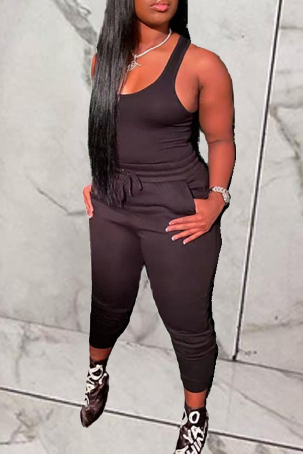 Black Casual Solid Patchwork U Neck Sleeveless Two Pieces