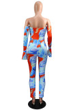 Orange Fashion Sexy Print Bateau Neck Skinny Jumpsuits