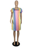 Rainbow Color Fashion Casual Striped Print Basic V Neck Short Sleeve Dress