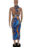 Blue Red Sexy Print Bandage Patchwork Frenulum Fold Halter Sleeveless Two Pieces