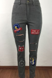 Grey Street Print Embroidered Patchwork Mid Waist Regular Denim (Without Belt)