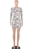 White Sexy Cap Sleeve Long Sleeves O neck A-Line skirt Print Mesh Patchwork