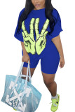 Black Fashion Casual adult Ma'am Print Two Piece Suits pencil Half Sleeve Two Pieces