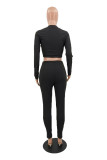 Black Casual Solid Straight Long Sleeve Two Pieces