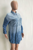 Light Blue Sweet Long Sleeves Turndown Collar Asymmetrical skirt Ombre hole Rivet Beading Dresses