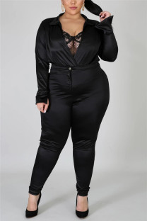 Black Fashion Casual Solid Basic Turtleneck Plus Size Set