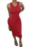 Red Fashion Solid Backless Asymmetrical O Neck Asymmetrical Dresses