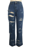 Blue Denim Button Fly Zipper Fly Mid washing Solid Hole Straight Pants 