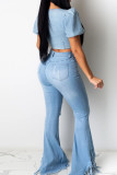 Light Blue Denim Zipper Fly High Hole washing Boot Cut Pants Bottoms