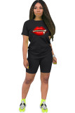 Red Fashion Casual adult Ma'am Print Two Piece Suits Lips Print Straight Short Sleeve Two Pieces
