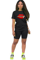 Black Fashion Casual adult Ma'am Print Two Piece Suits Lips Print Straight Short Sleeve Two Pieces
