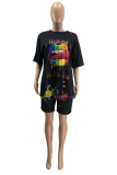 Black Casual Print Patchwork O Neck Plus Size Two Pieces
