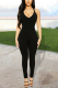 Black Casual Solid Patchwork Halter Skinny Jumpsuits