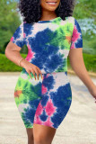 Fluorescent Green Casual Print Tie Dye Patchwork O Neck Short Sleeve Two Pieces