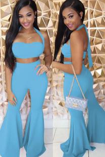Blue Sexy Fashion adult Bandage backless Solid Two Piece Suits Boot Cut Sleeveless Two-piece P