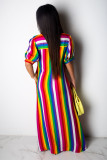 Blue Casual Fashion Cap Sleeve Half Sleeves Turndown Collar Straight Ankle-Length fastener Argy