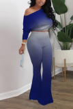 Baby Blue Sexy Gradual Change Patchwork One Shoulder Half Sleeve Two Pieces