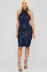 Blue Fashion Off The Shoulder Sleeveless O neck Slim Dress Knee-Length Patchwork 